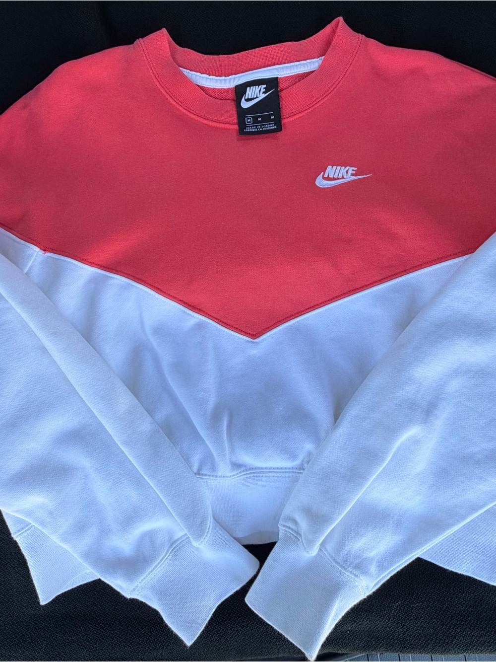Nike Women's Red and White Colorblock Crewneck Sweater